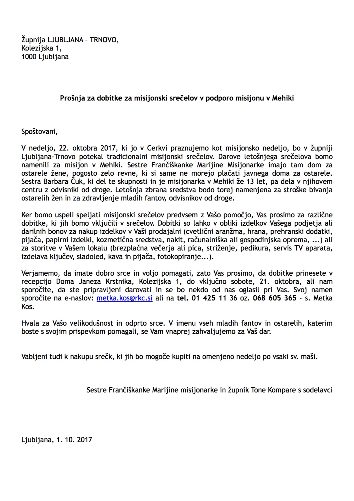 Prošnja za Mehiko Misijonska nedelja