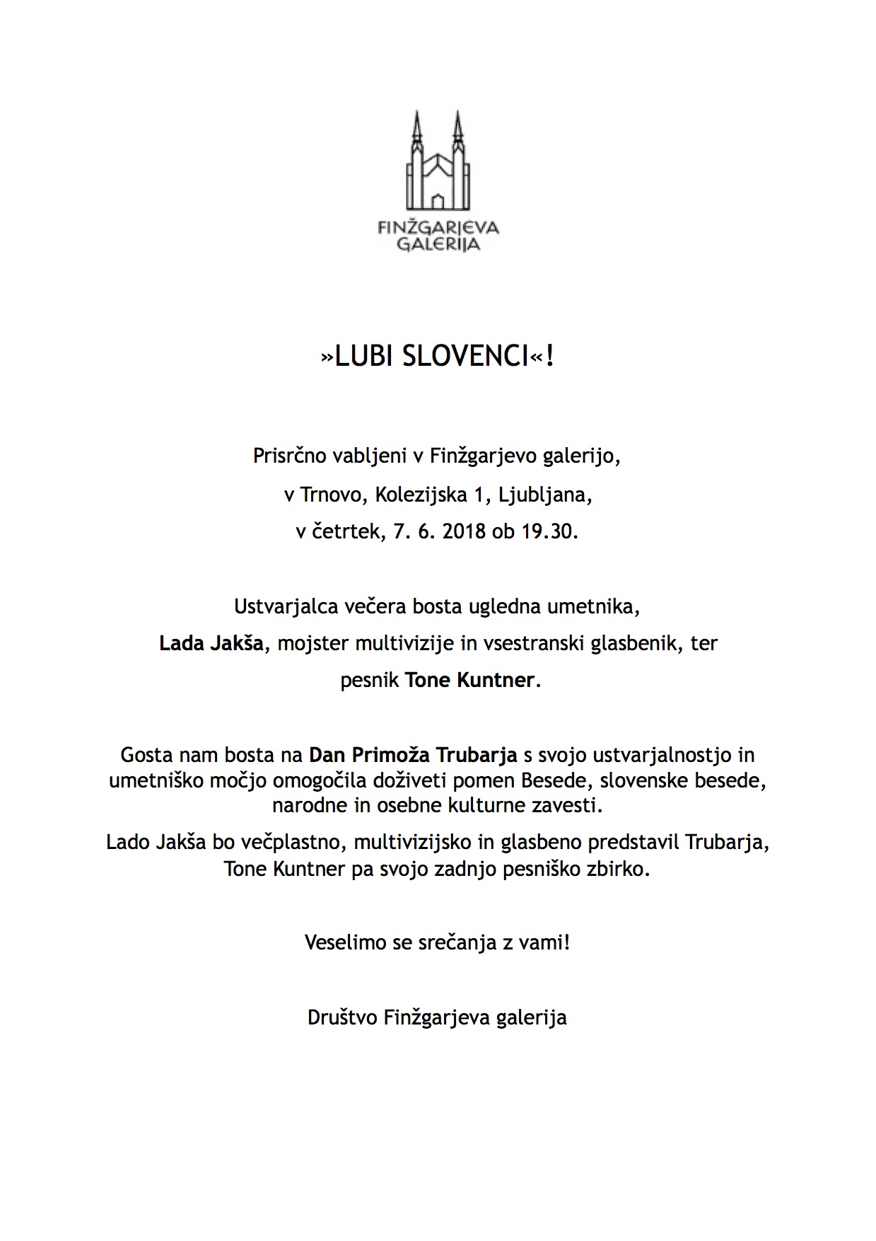 LUBI SLOVENCI VABILO JAKŠA & KUNTNER