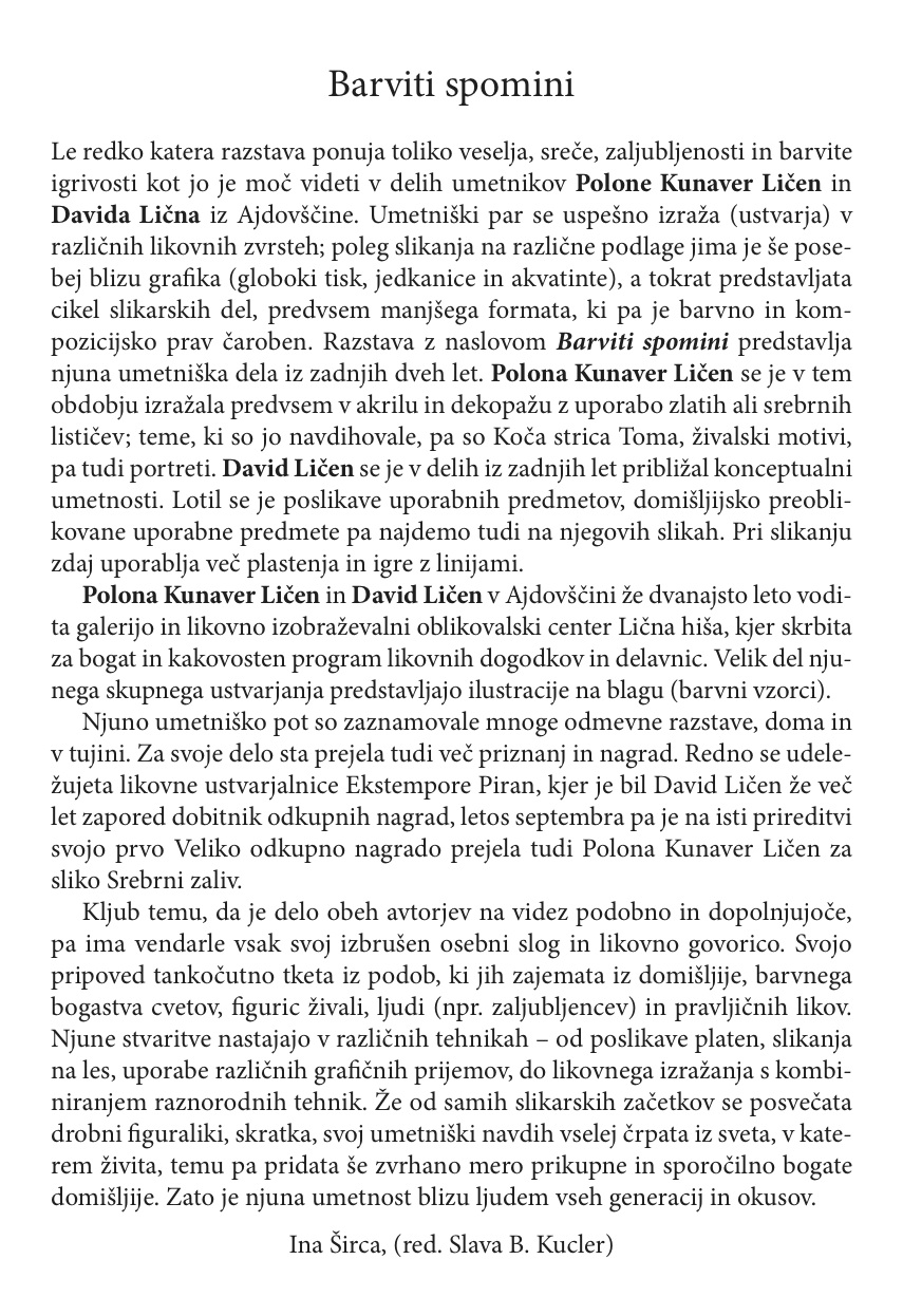 Finžgarjeva Galerija Barvni spomini 2 - Polona Kunaver Ličen in David Ličen
