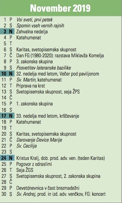 Župnijski koledar 2019 november